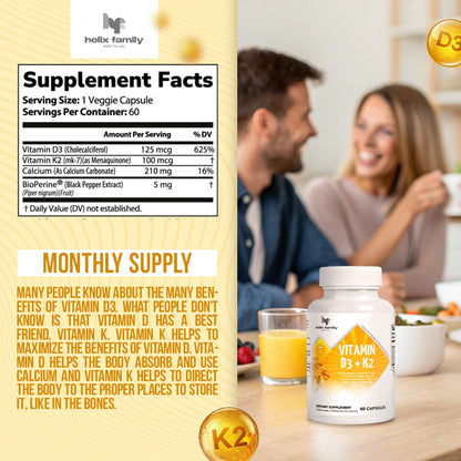 Helix Family D3+K2 Vitamin 5000 UI w/MCT Powder - Includes  Vitamin K2, Calcium & BioPerine for Ultimate Absorption - D3+K2 Vitamin Supplement - 60 Capsules