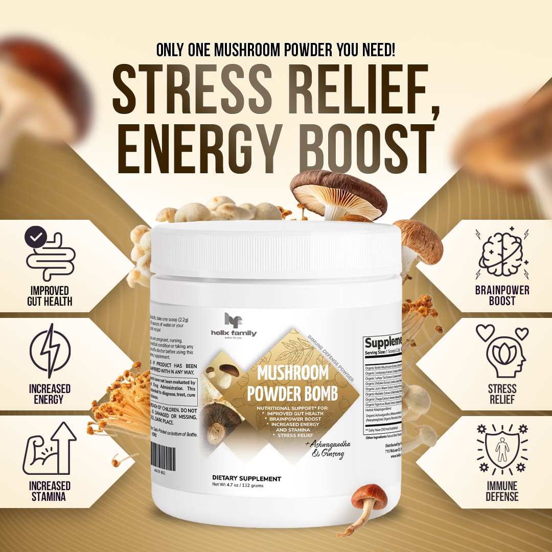 Helix Family Mushroom Powder Bomb Organic Mushrooms advanced formula 11in1 Complex - Lions Mane, Reishi, Shiitake, Chaga, Turkey Tail, Cordyceps, Maitake & More - Blend for Memory, Focus & Immune Support