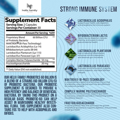 Helix Family  Probiotics 60 Billion CFU - Organic Prebiotics - Immune, Digestive & Gut Health - Supports Occasional Constipation, Diarrhea, Gas & Bloating - for Women & Men