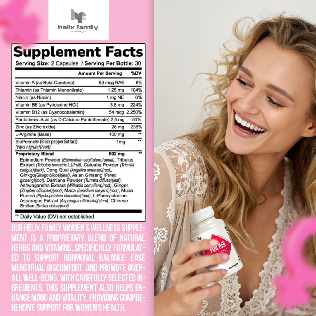 HF FOR HER, Woman’s Health natural support, 14 in 1 Complex, Heighten sexual response, Eases menstrual pain for woman’s, Helps boost libido level, Increase Stamina, Natural Stress reliever + L Arginine & BioPerine