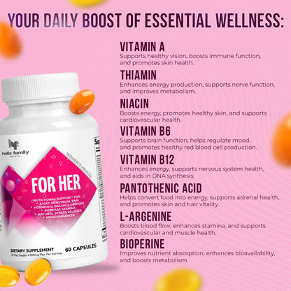 HF FOR HER, Woman’s Health natural support, 14 in 1 Complex, Heighten sexual response, Eases menstrual pain for woman’s, Helps boost libido level, Increase Stamina, Natural Stress reliever + L Arginine & BioPerine