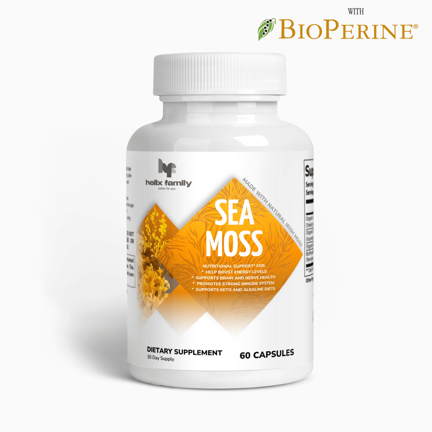 Helix Family Sea Moss, Clear Sea Moss without impurities + BioPerine, Organic Irish Moss, Organic Bladderwrack, Organic Burdock (60 Capsules Monthly Supply)