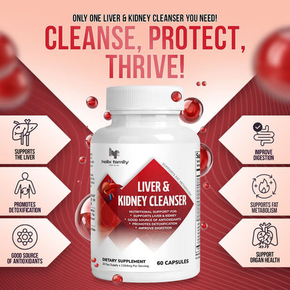 Helix Family Liver & Kidney Cleanse, Detox & Repair Formula - Herbal Liver Support Supplement with Milk Thistle, Dandelion Root & Artichoke Extract for Liver & Kidney Health – Ginger, Choline, Zinc and Turmeric Liver & Kidney  Detox Capsules