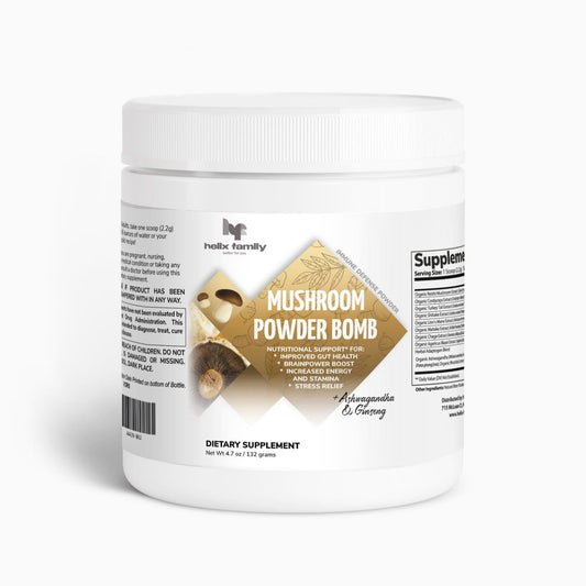 Helix Family Mushroom Powder Bomb Organic Mushrooms advanced formula 11in1 Complex - Lions Mane, Reishi, Shiitake, Chaga, Turkey Tail, Cordyceps, Maitake & More - Blend for Memory, Focus & Immune Support