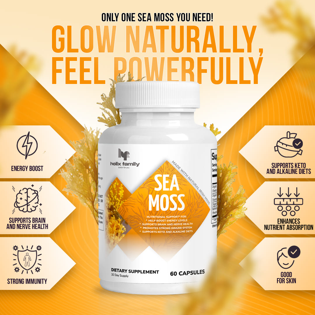 Helix Family Sea Moss, Clear Sea Moss without impurities + BioPerine, Organic Irish Moss, Organic Bladderwrack, Organic Burdock (60 Capsules Monthly Supply)